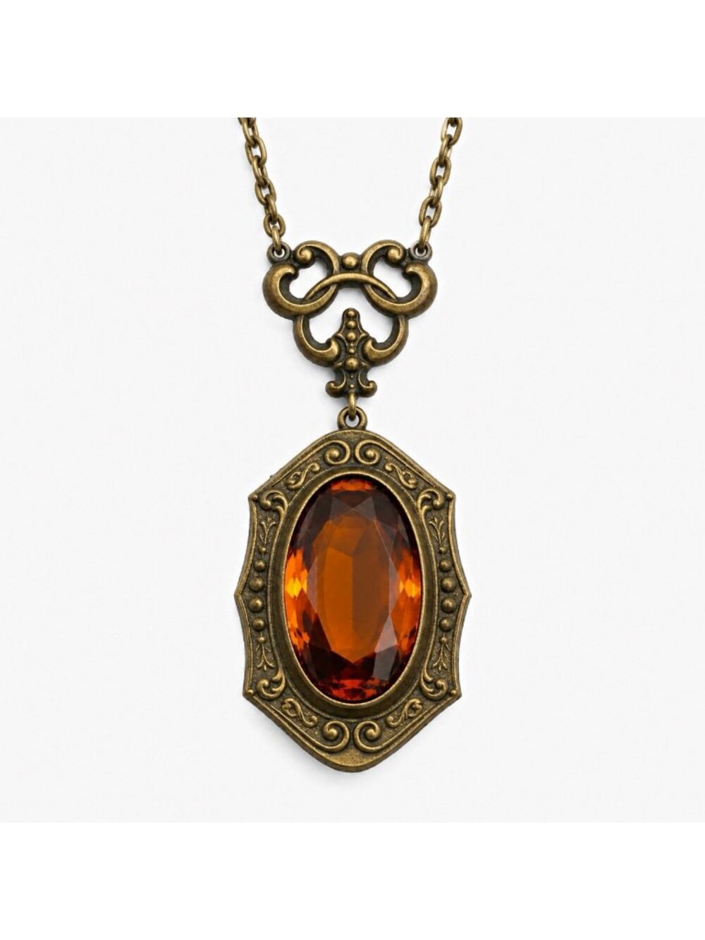 Antique Art Nouveau Czech Brass Orange Topaz Glass Pendant Necklace